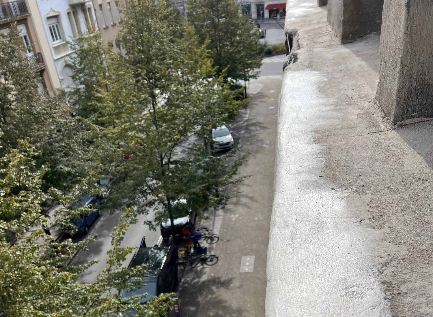 Corniche d'immeuble refaite par Nika, au-dessus d'une rue arborée